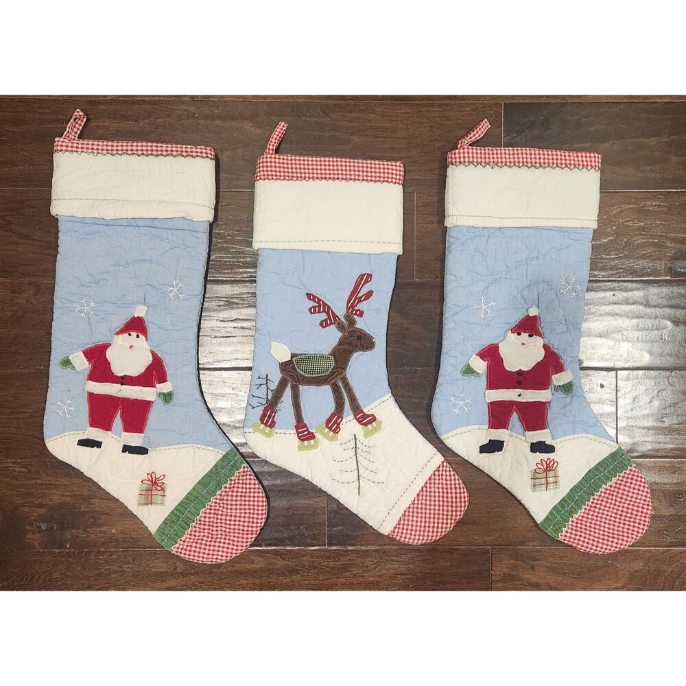 Pottery Barn Kids Blue Quilted Christmas Stockings Santa & Reindeer Set of 3